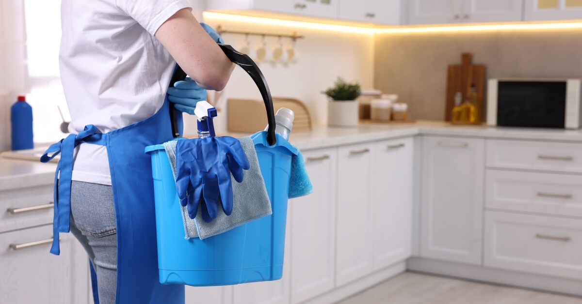 Cleaning professional ready to service a kitchen.